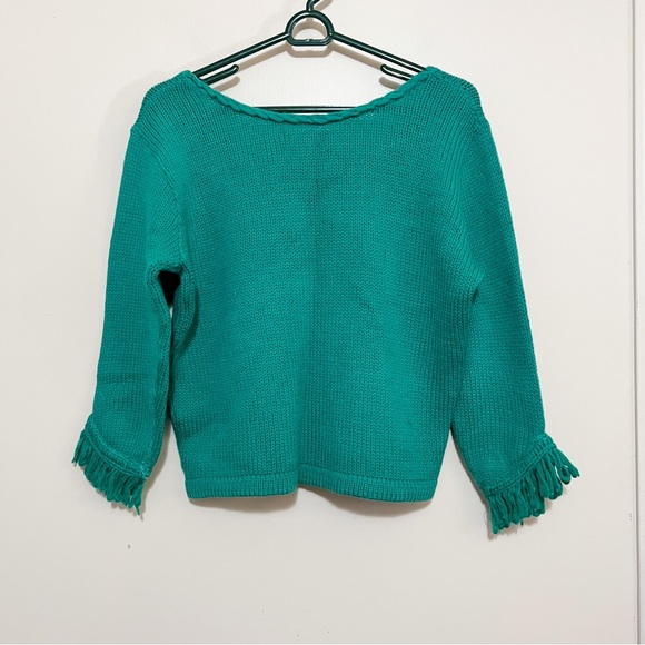 Vintage Teal Knit Sweater with Fringe Hem Sleeves S/M - Picture 4 of 7